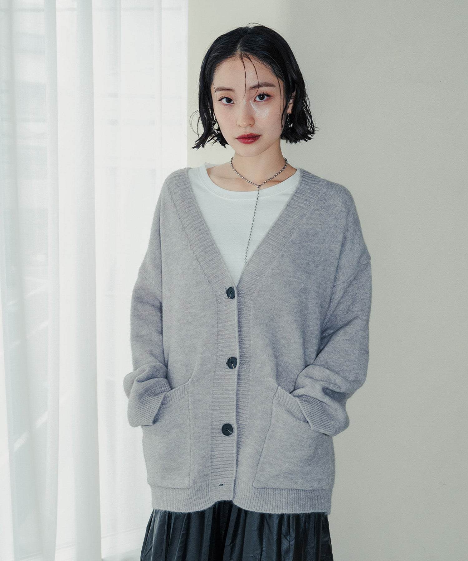 アンピルーラ Ampirula Vネックオーバーニットカーディガン (グレー) グレー