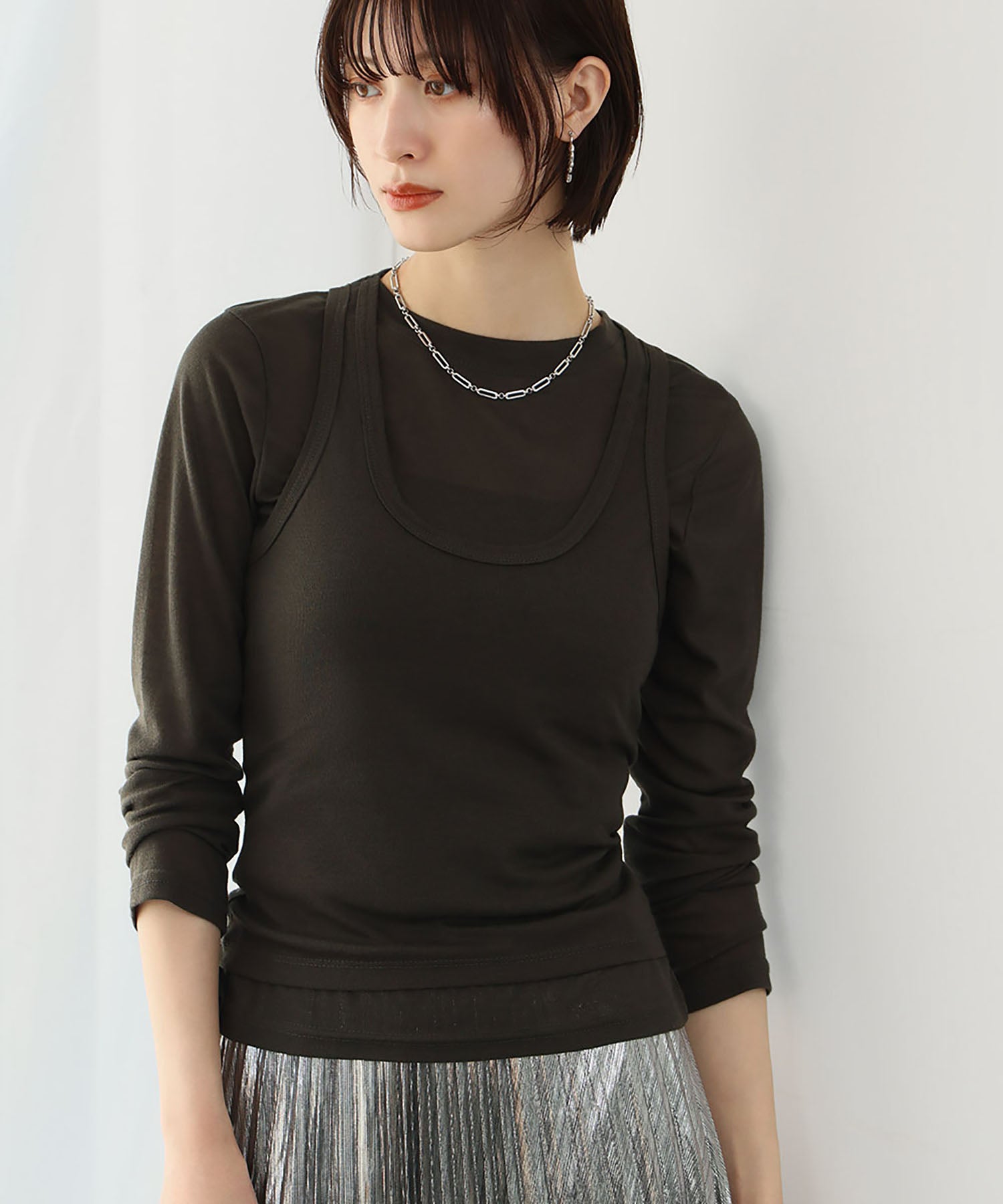 アンピルーラ Ampirula タンクトップ付きシアーレイヤードカットソー【洗える】 (チャコールグレー) チャコールグレー