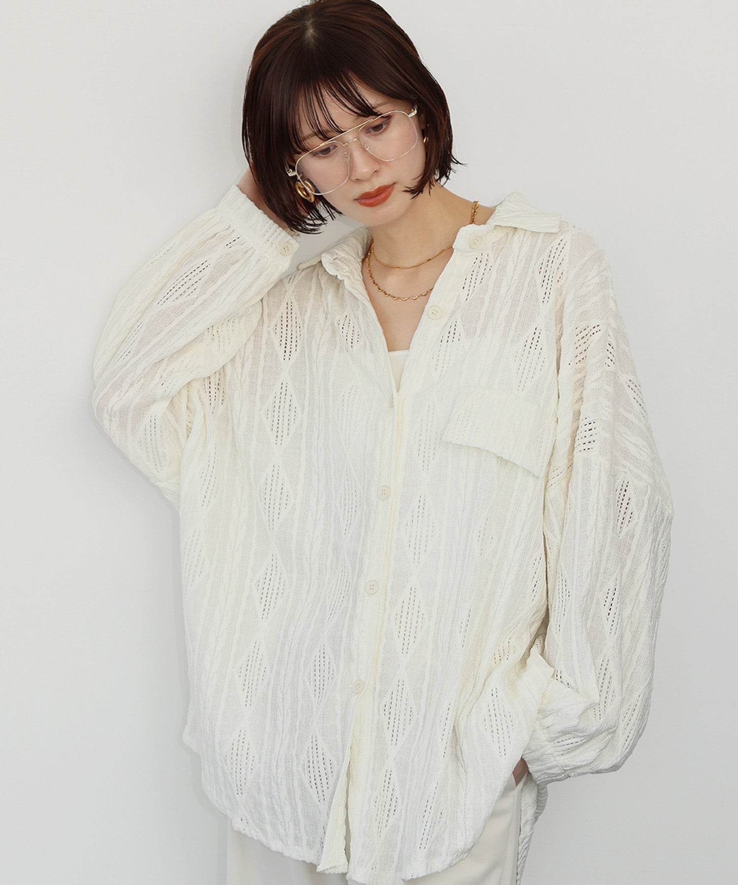 アンピルーラ Ampirula オーバーシルエットシアージャガードブラウス【洗える】 (アイボリー) アイボリー