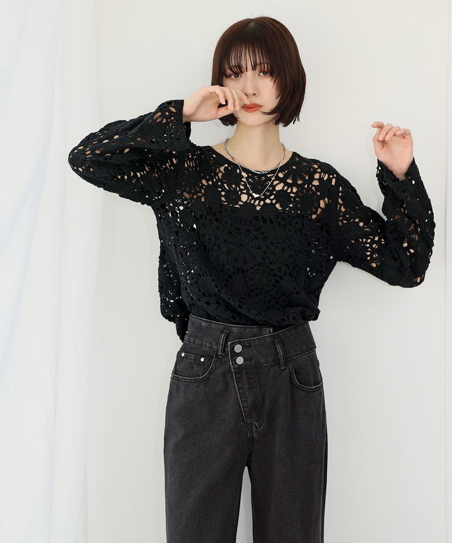 アンピルーラ Ampirula クロシェフラワーニットチュニック【洗える】 (ブラック) ブラック