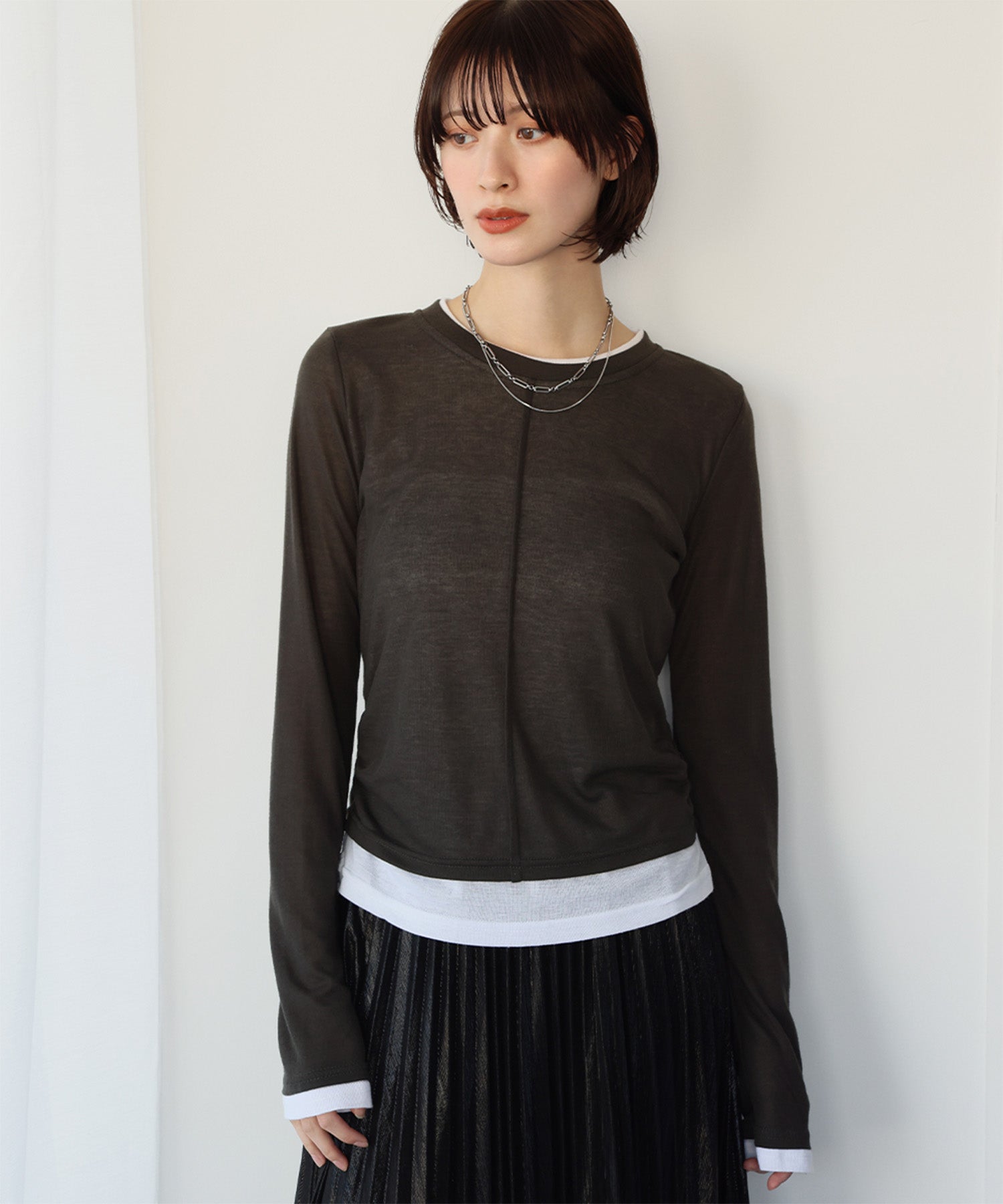 アンピルーラ Ampirula 【2025SS】レイヤード風バイカラーカットソー【洗える】 (チャコールグレー) チャコールグレー