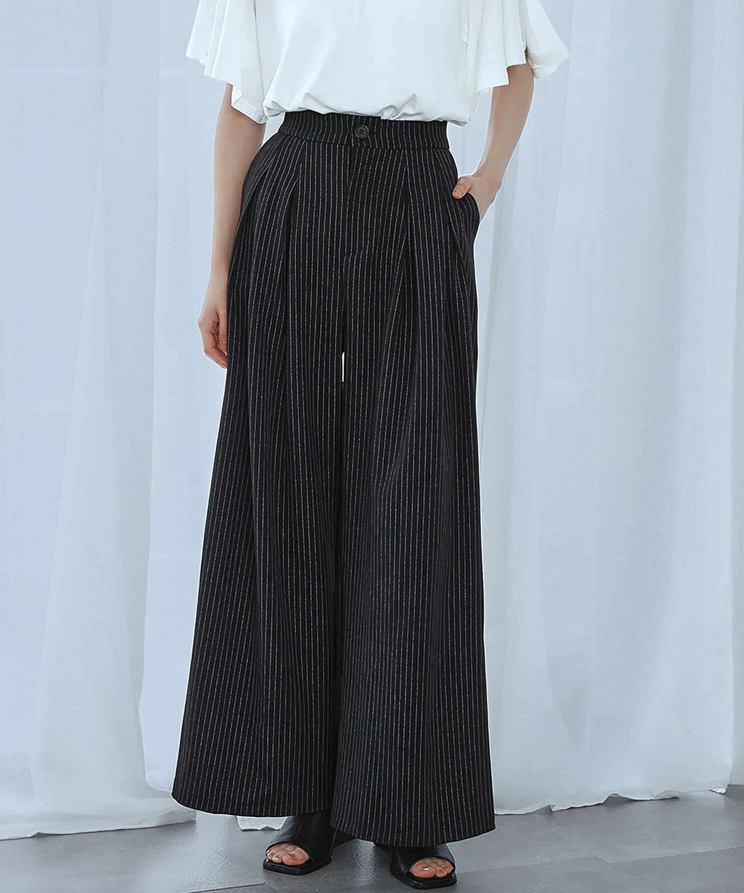 アンピルーラ Ampirula ツータックピンストライプワイドフレアパンツ (ブラック) ブラック