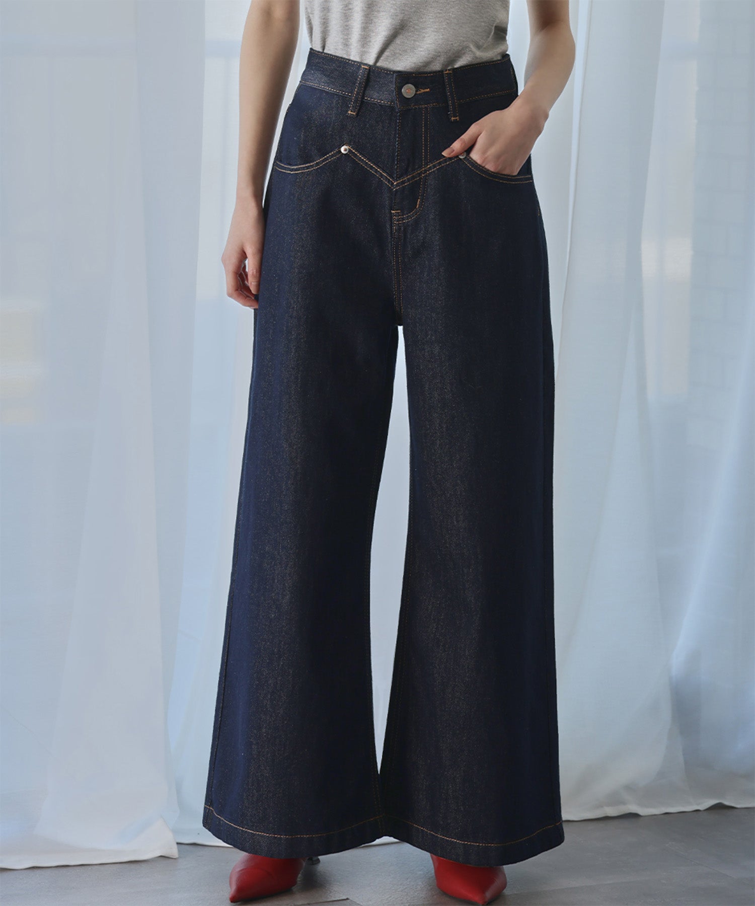 アンピルーラ Ampirula ウエスト切替えデザインワイドデニムパンツ (ネイビー) ネイビー