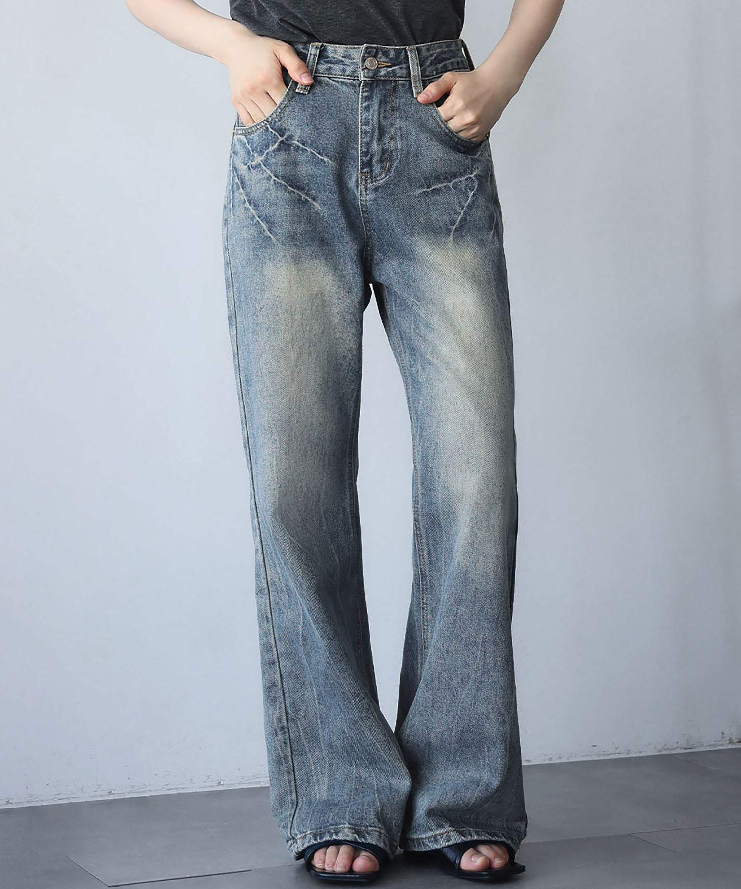 アンピルーラ Ampirula ハードウォッシュデニムストレートパンツ (ブルー) ブルー