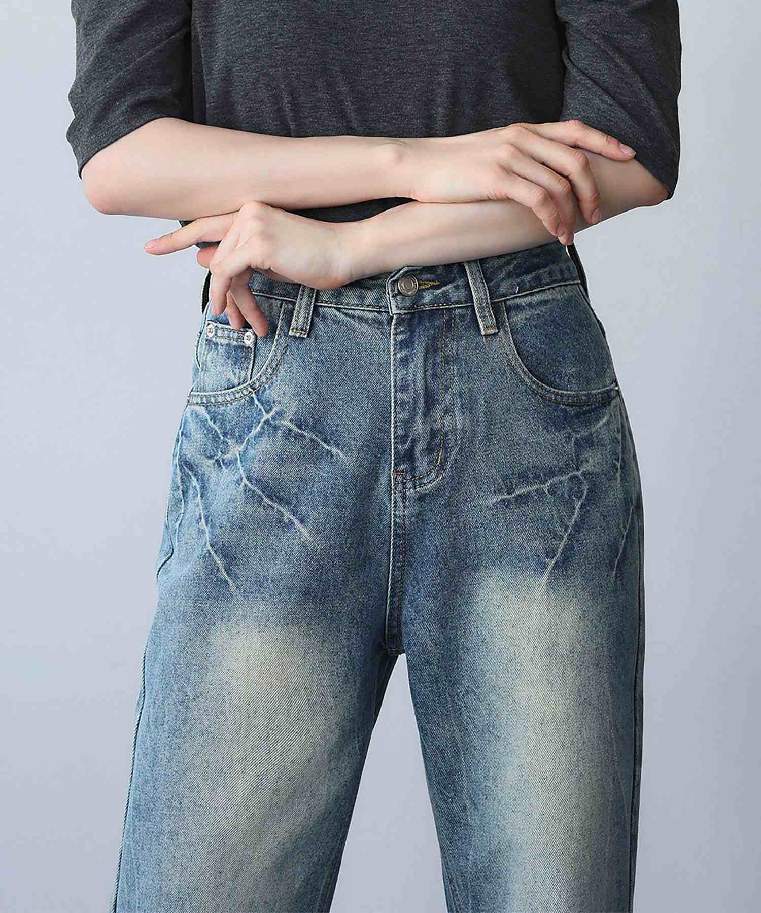 アンピルーラ Ampirula ハードウォッシュデニムストレートパンツ (ブルー) ブルー