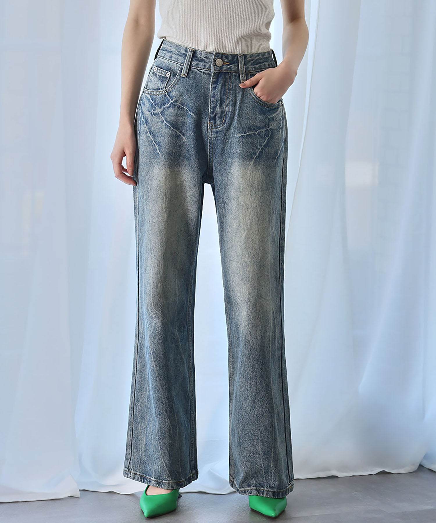 アンピルーラ Ampirula ハードウォッシュデニムストレートパンツ (ブルー) ブルー