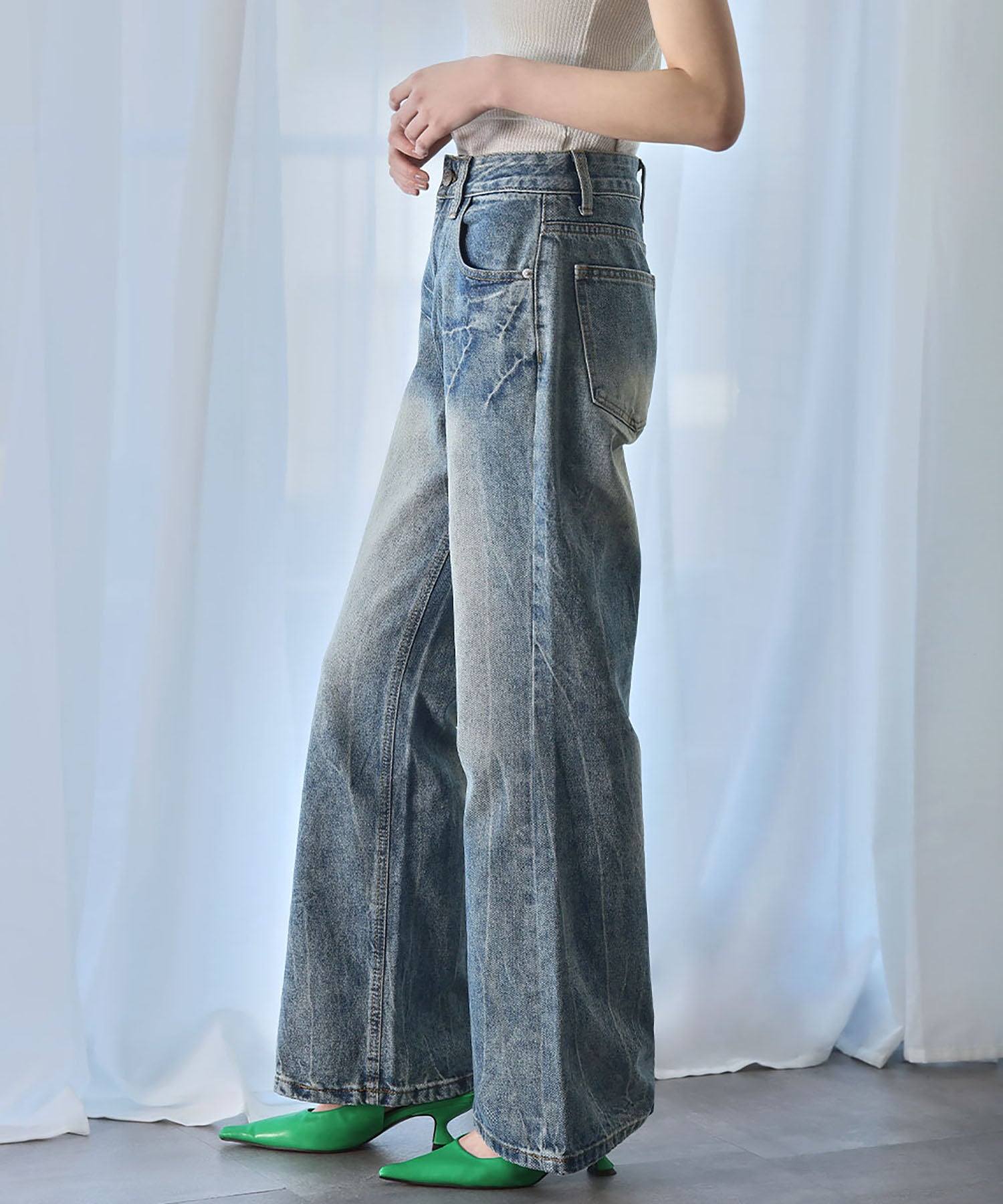 アンピルーラ Ampirula ハードウォッシュデニムストレートパンツ (ブルー) ブルー