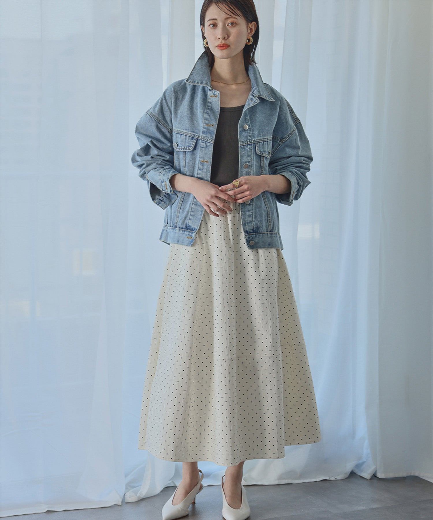 アンピルーラ Ampirula ドット柄ティアードフレアロングスカート (アイボリー) アイボリー