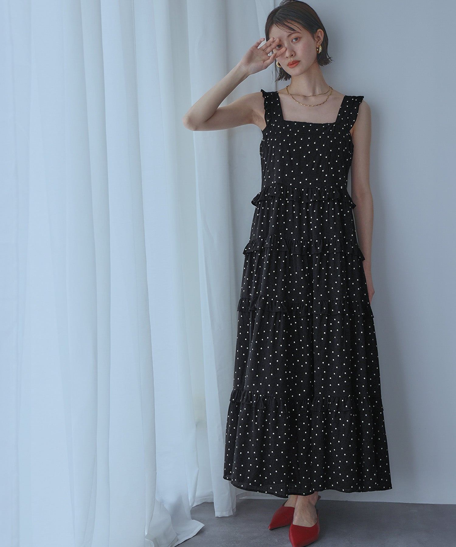 アンピルーラ Ampirula ドットティアードフリルロングワンピース (ブラック) ブラック
