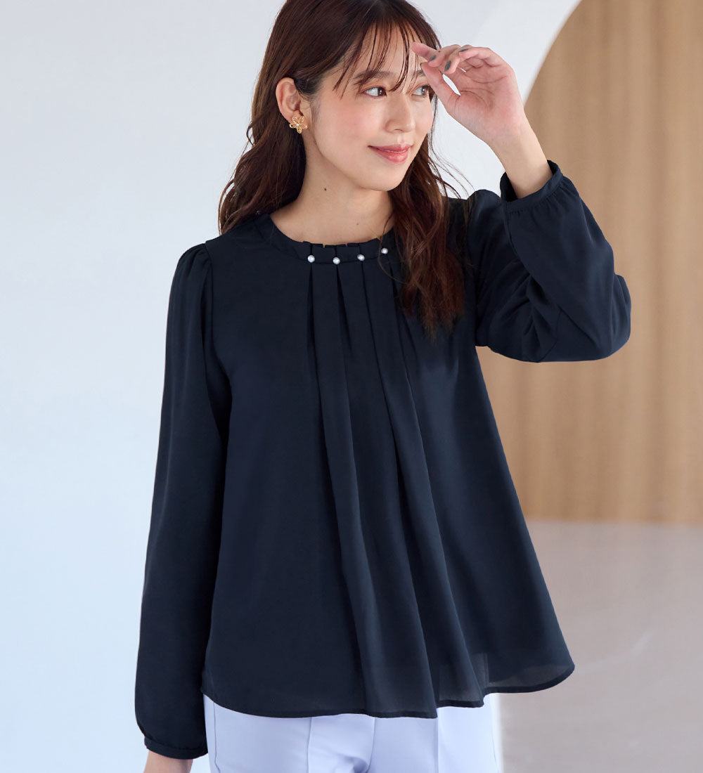 アロッタ Alotta あったか裏地付ネックパールブラウス,ネイビー