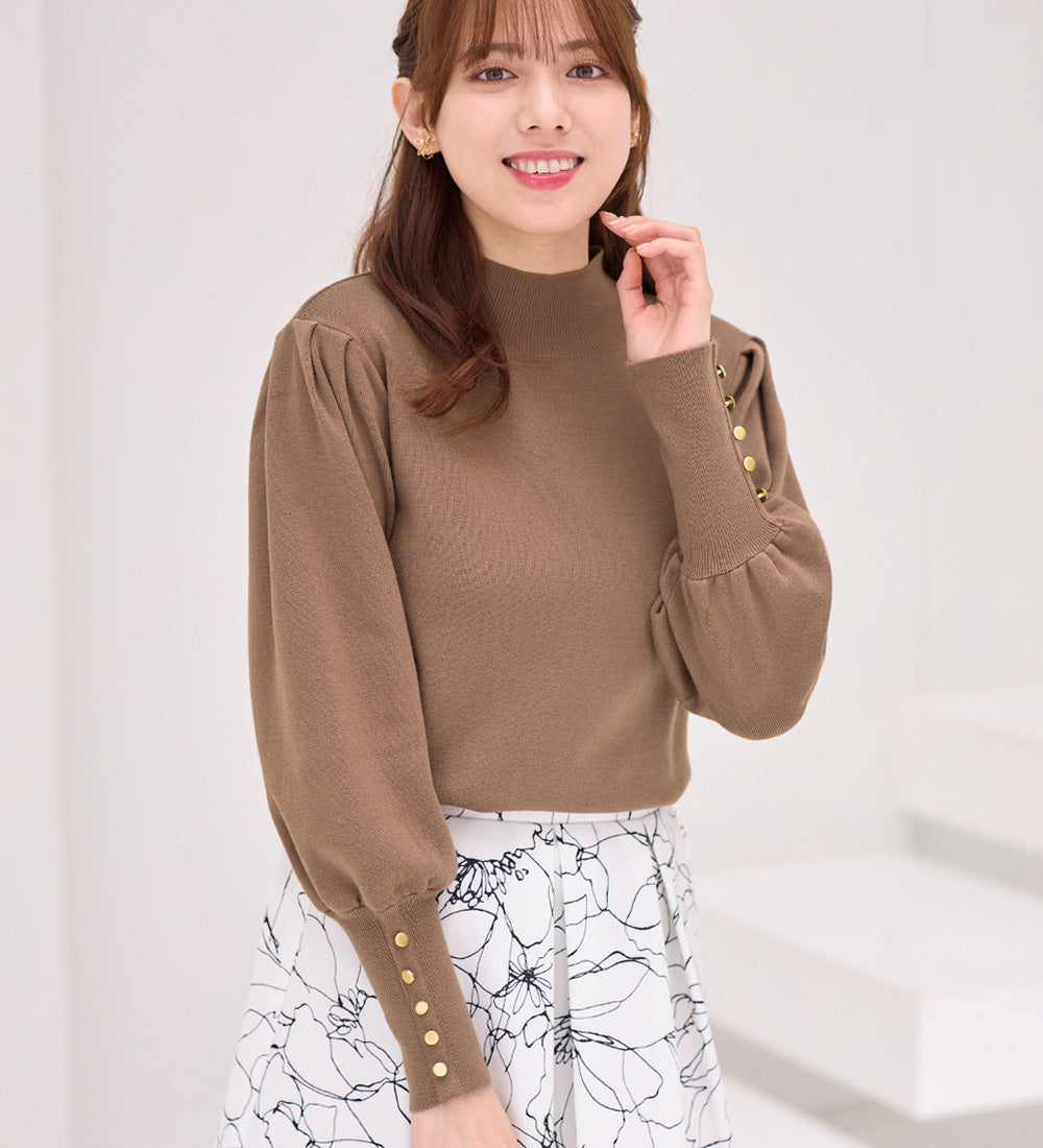 アロッタ Alotta 洗える!もっちりタッチボリューム袖金ボタンニット,モカ