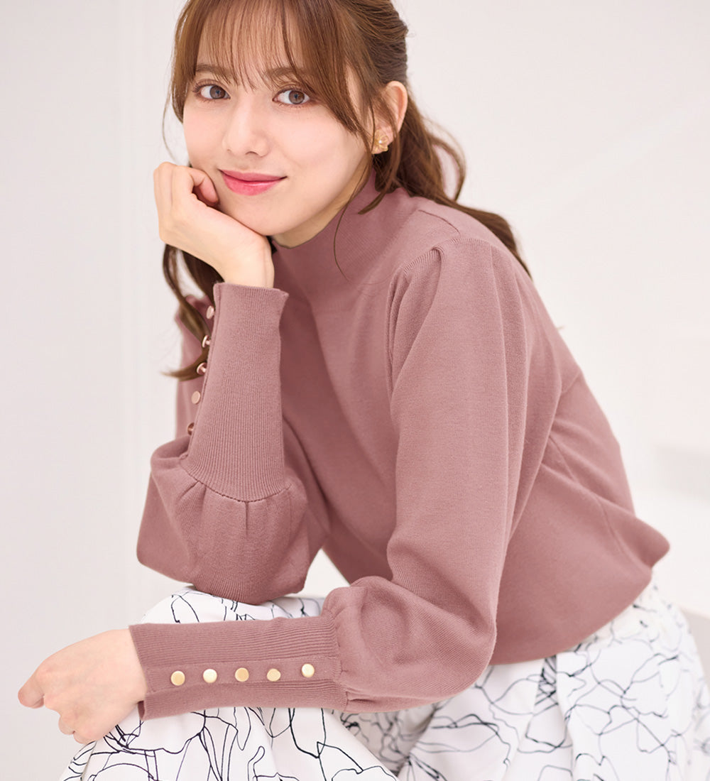 アロッタ Alotta 洗える!もっちりタッチボリューム袖金ボタンニット,スモーキーピンク