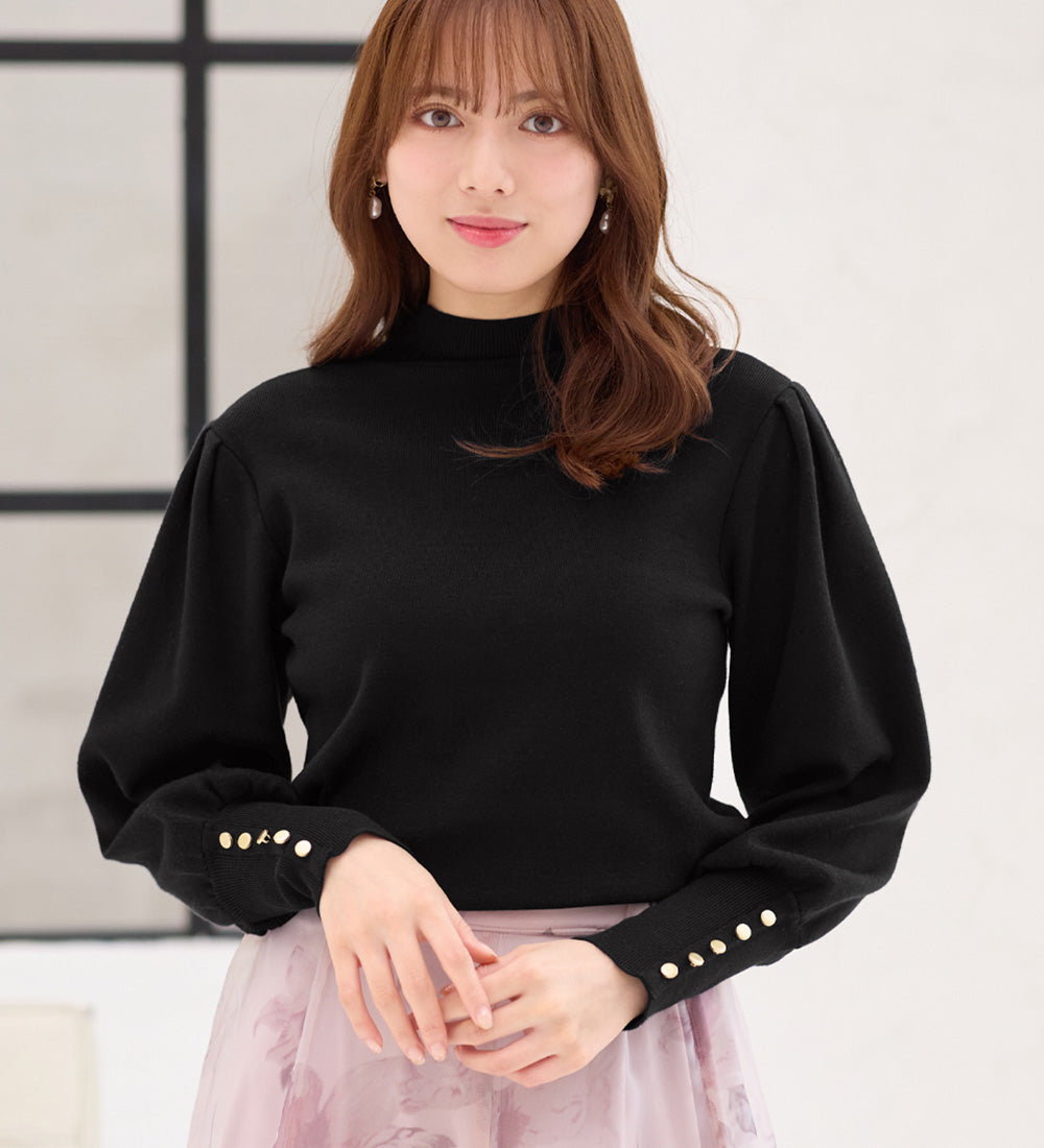 アロッタ Alotta 洗える!もっちりタッチボリューム袖金ボタンニット,ブラック