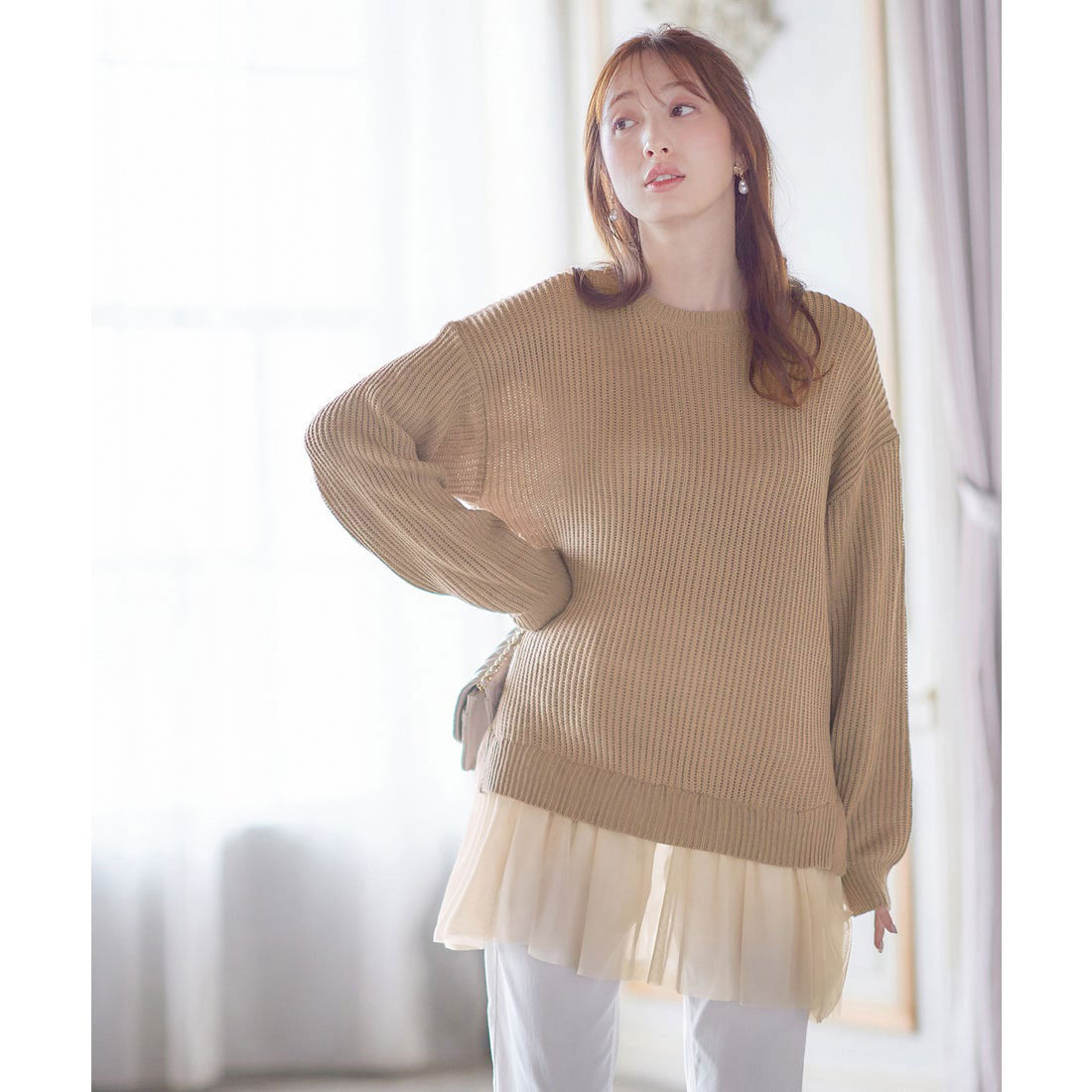 裾チュールレイヤード風ニット ベージュ