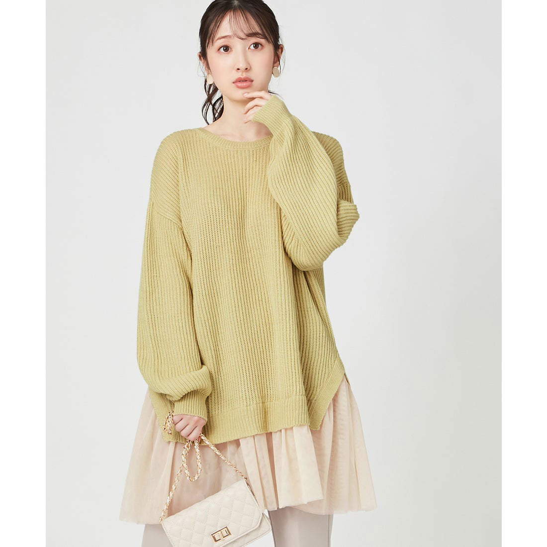 裾チュールレイヤード風ニット イエロー