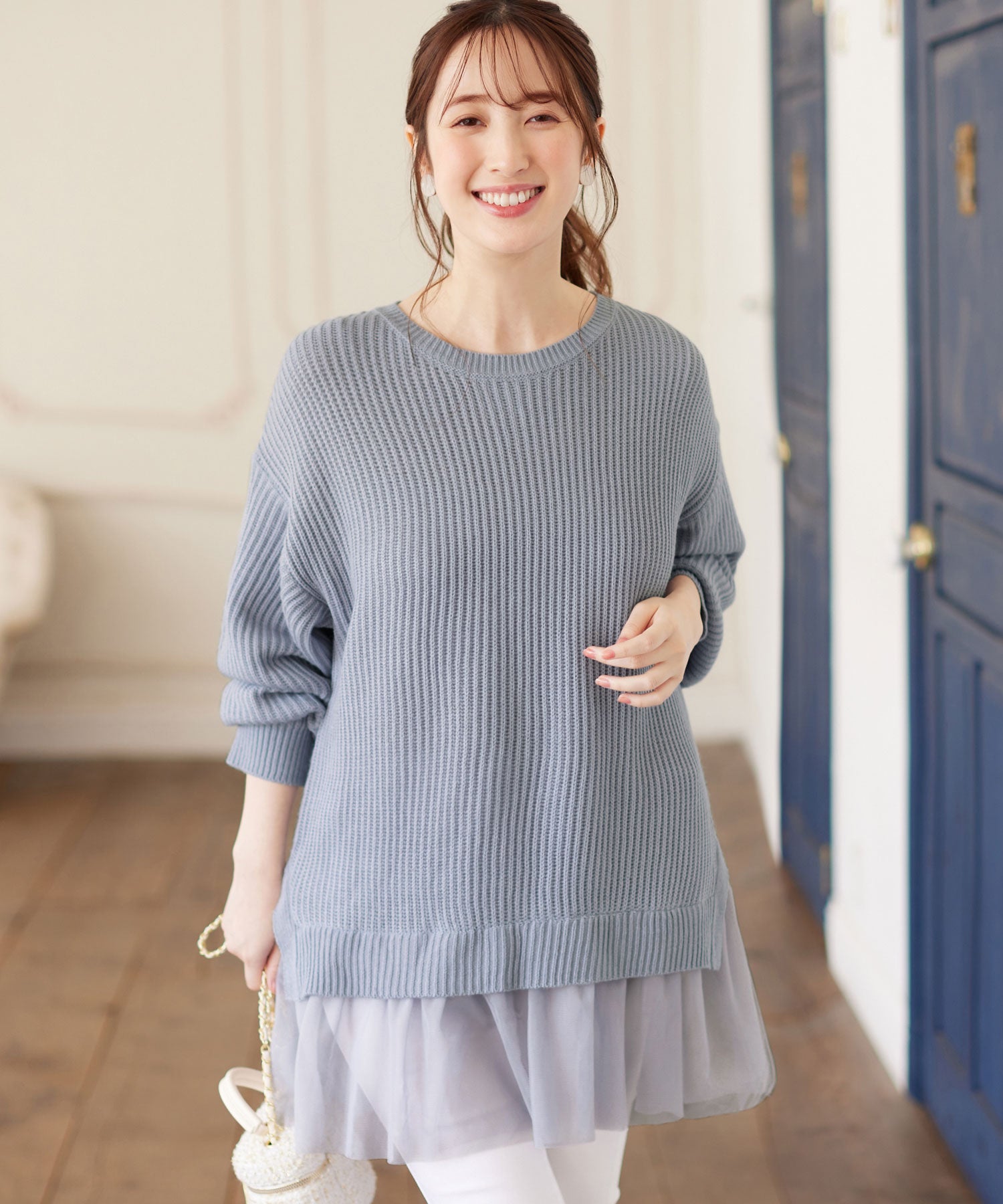 裾チュールレイヤード風ニット ライトブルー