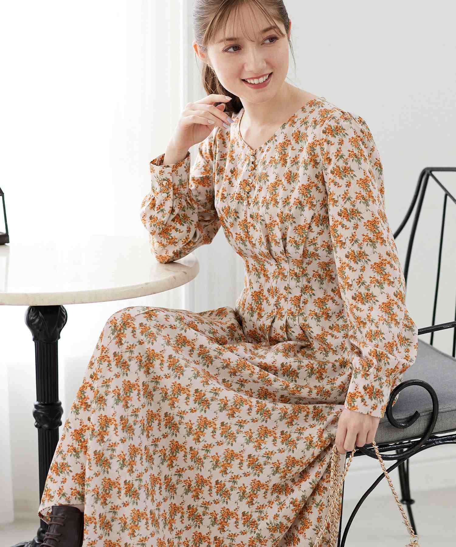 アロッタ Alotta 花柄プリントVネックワンピース,グレー系