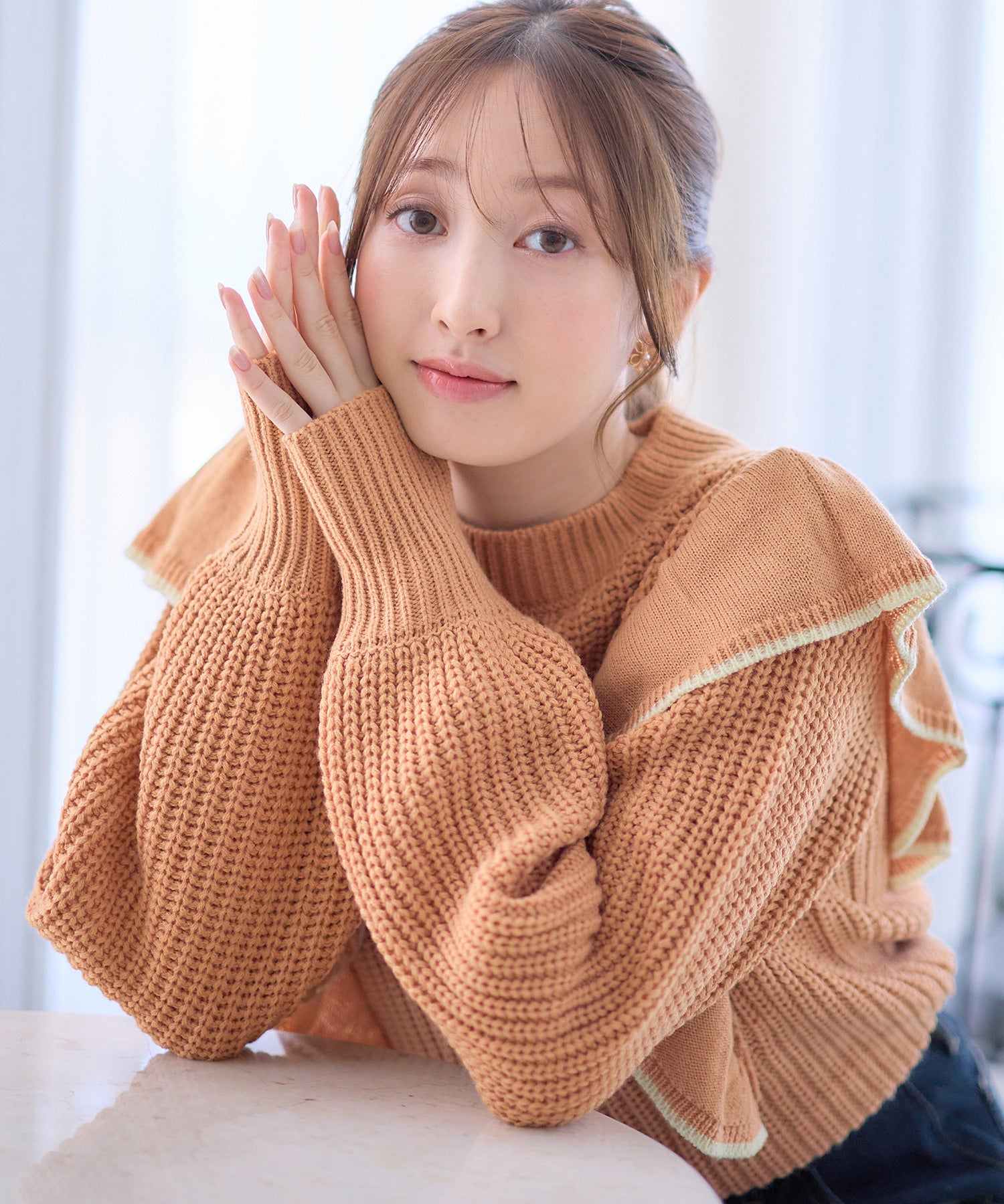 アロッタ Alotta 配色フリルケーブルニット,コーラルオレンジ