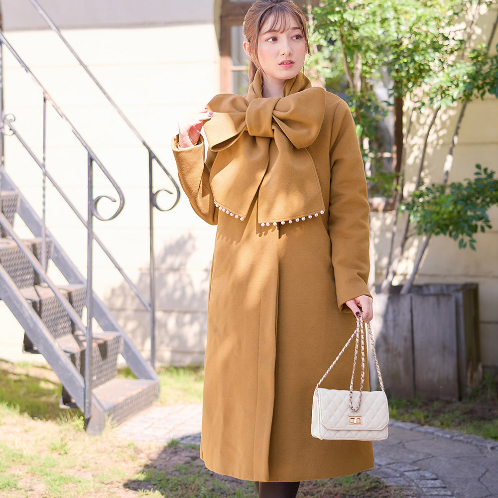 【美人百花11月号掲載】マフラー付ノーカラーロングコート キャメル
