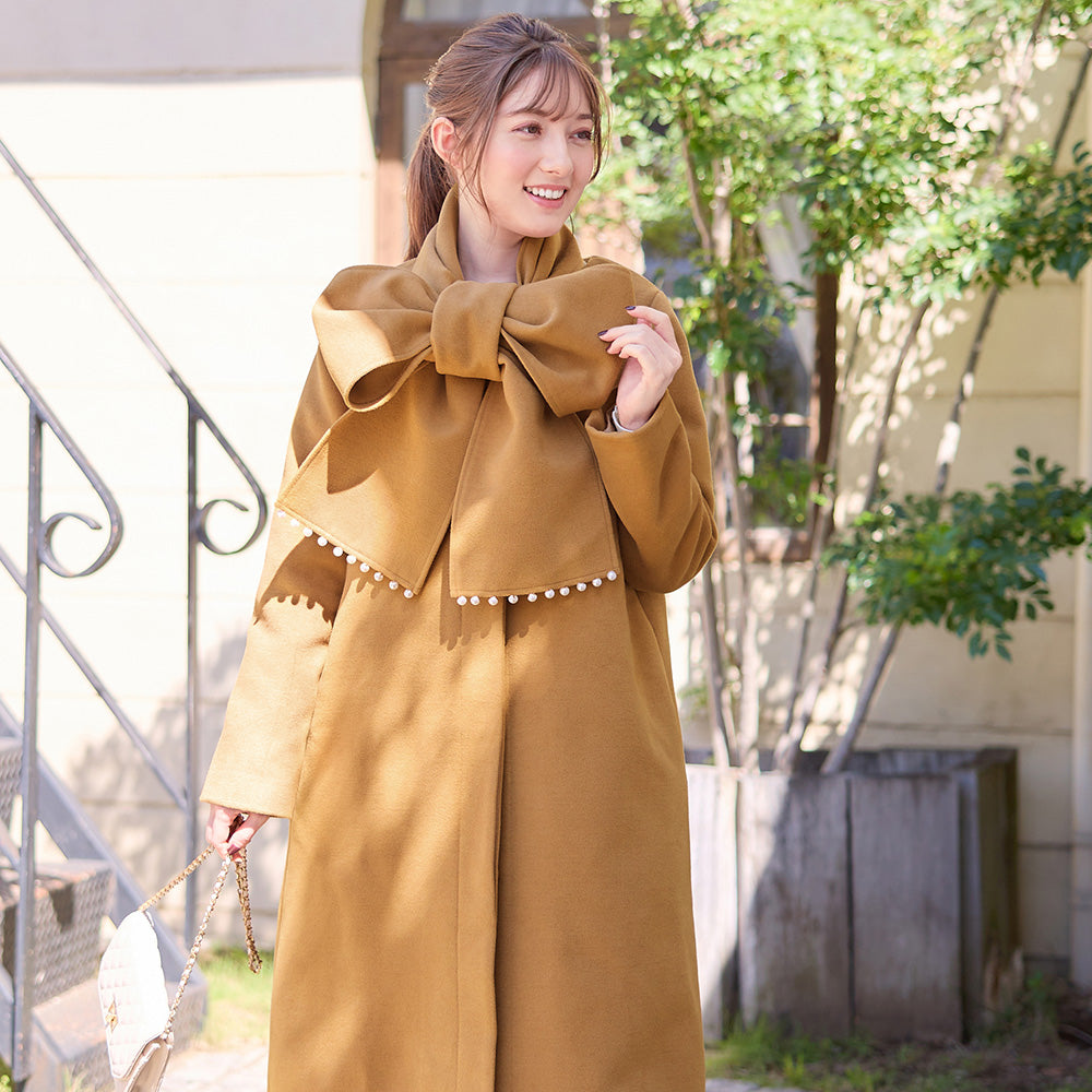 【美人百花11月号掲載】マフラー付ノーカラーロングコート キャメル