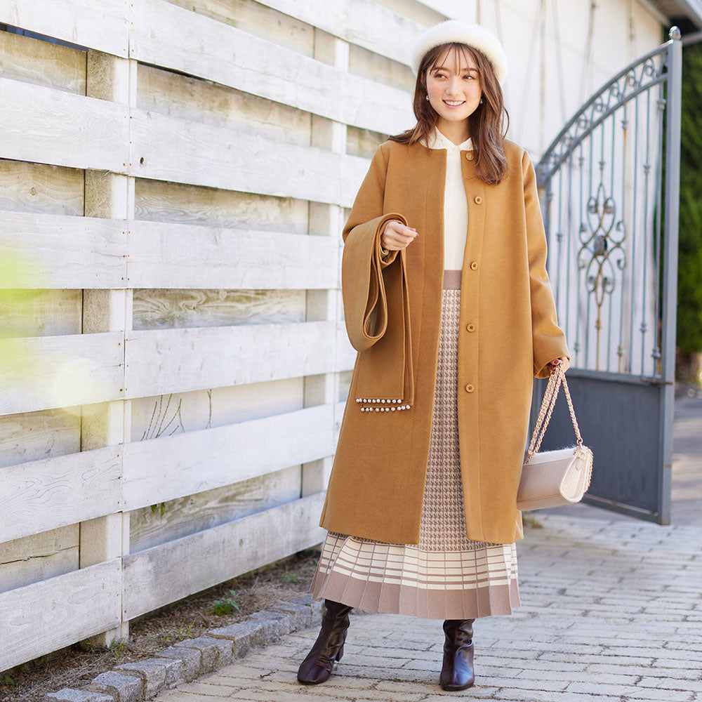 【美人百花11月号掲載】マフラー付ノーカラーロングコート キャメル