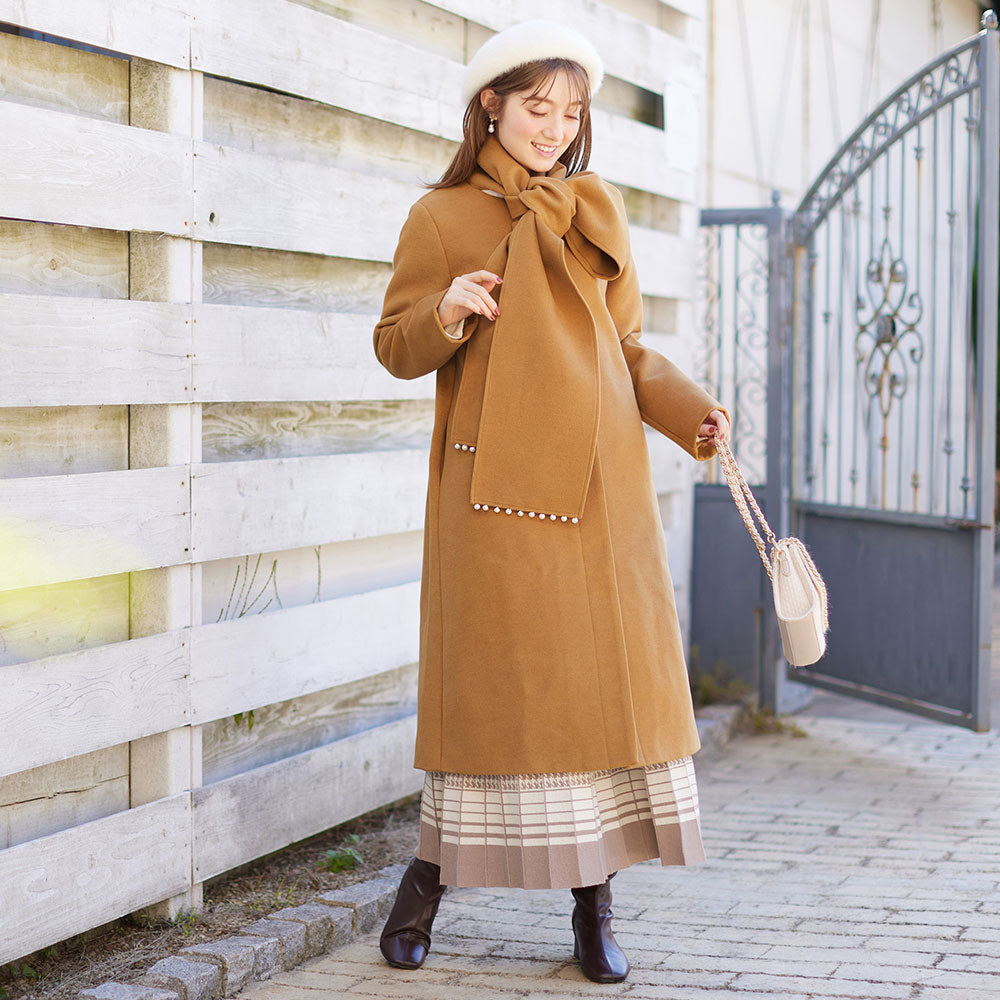 【美人百花11月号掲載】マフラー付ノーカラーロングコート キャメル