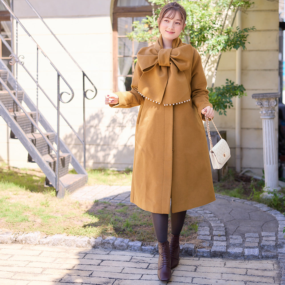 【美人百花11月号掲載】マフラー付ノーカラーロングコート キャメル