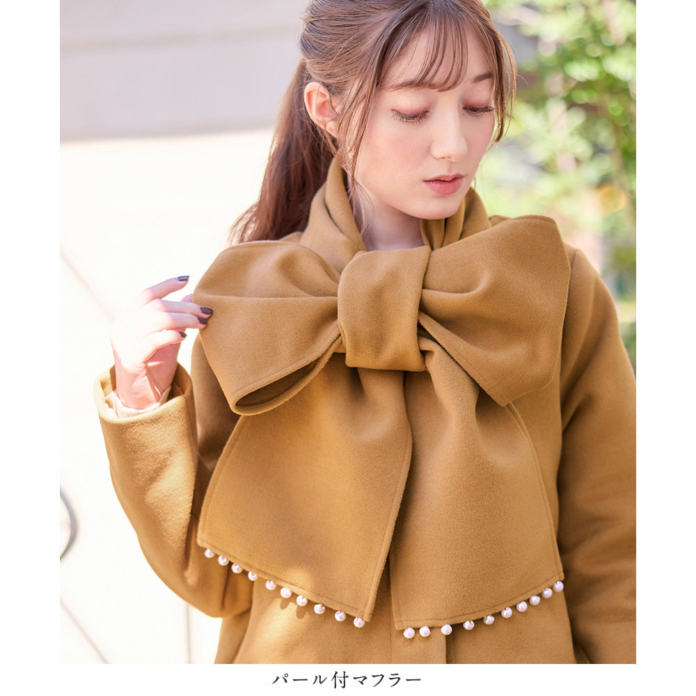 【美人百花11月号掲載】マフラー付ノーカラーロングコート キャメル