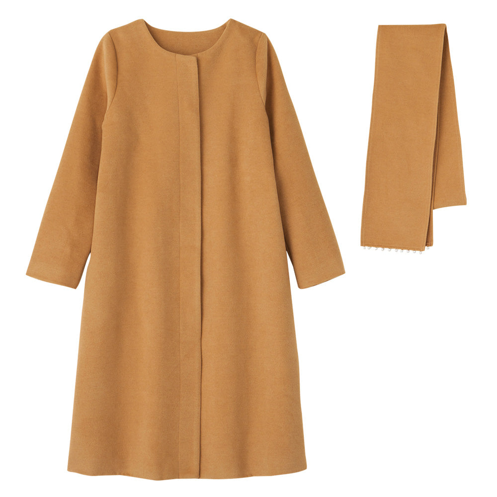 【美人百花11月号掲載】マフラー付ノーカラーロングコート キャメル