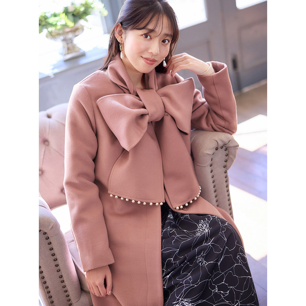 【美人百花11月号掲載】マフラー付ノーカラーロングコート ピンク