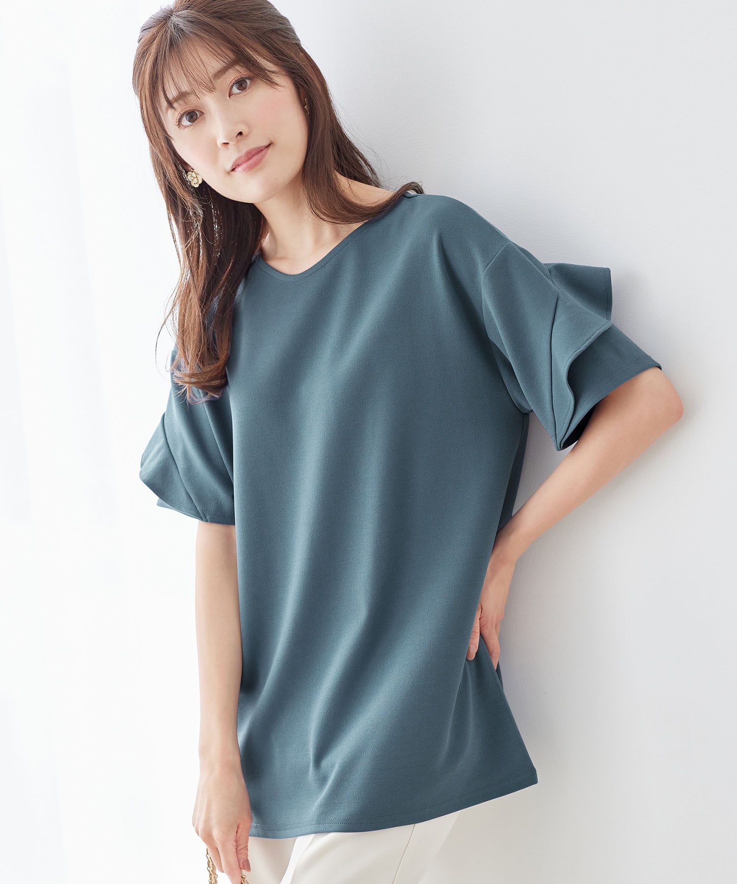 アロッタ Alotta フリル袖Tシャツチュニック (スモーキーブルー) スモーキーブルー
