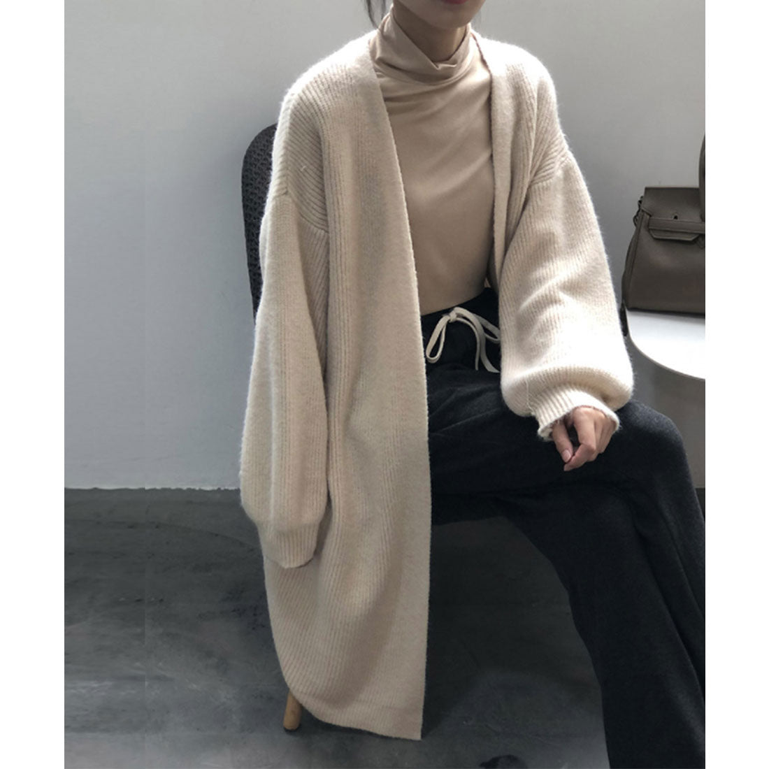 リブニット ロングカーディガン 韓国風,アイボリー