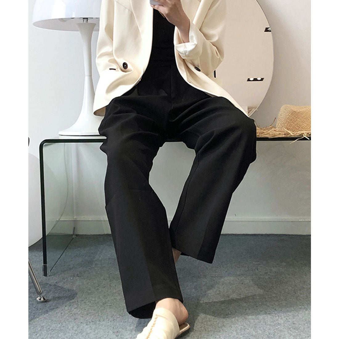 センタープレス テーパードパンツ,ブラック