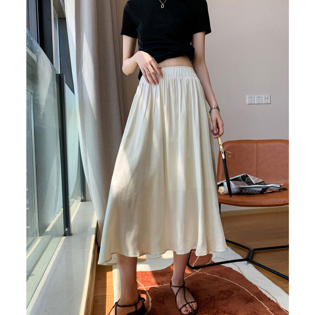 フレア ロングスカート ウエストゴム,アイボリー