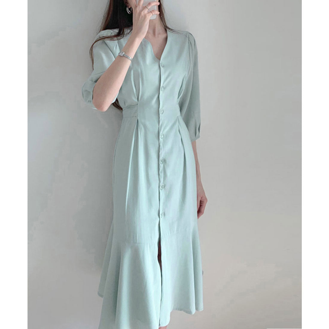 ロングワンピース Vネック レディース,ライトブルー