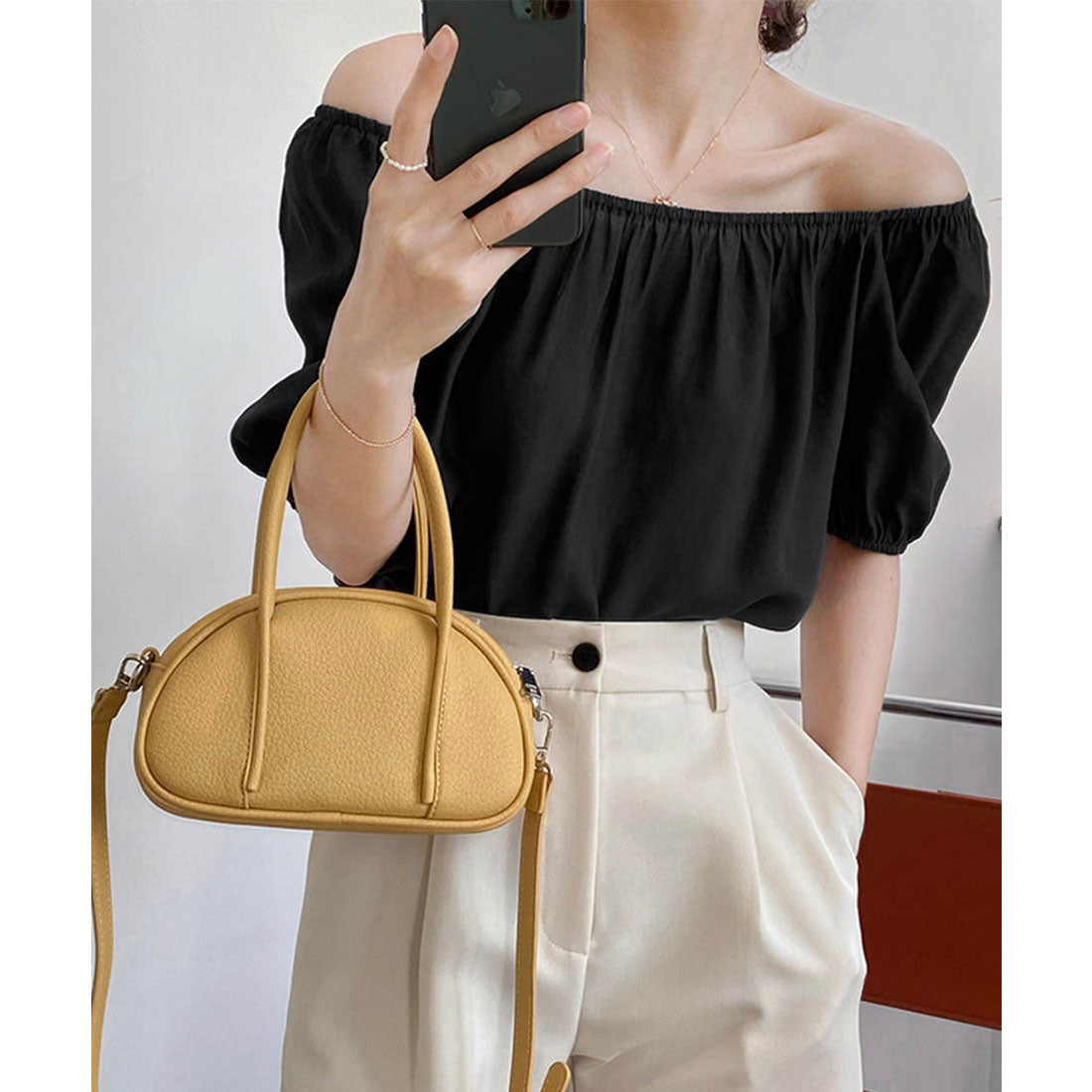 スクエアネック ブラウスオフショル,ブラック