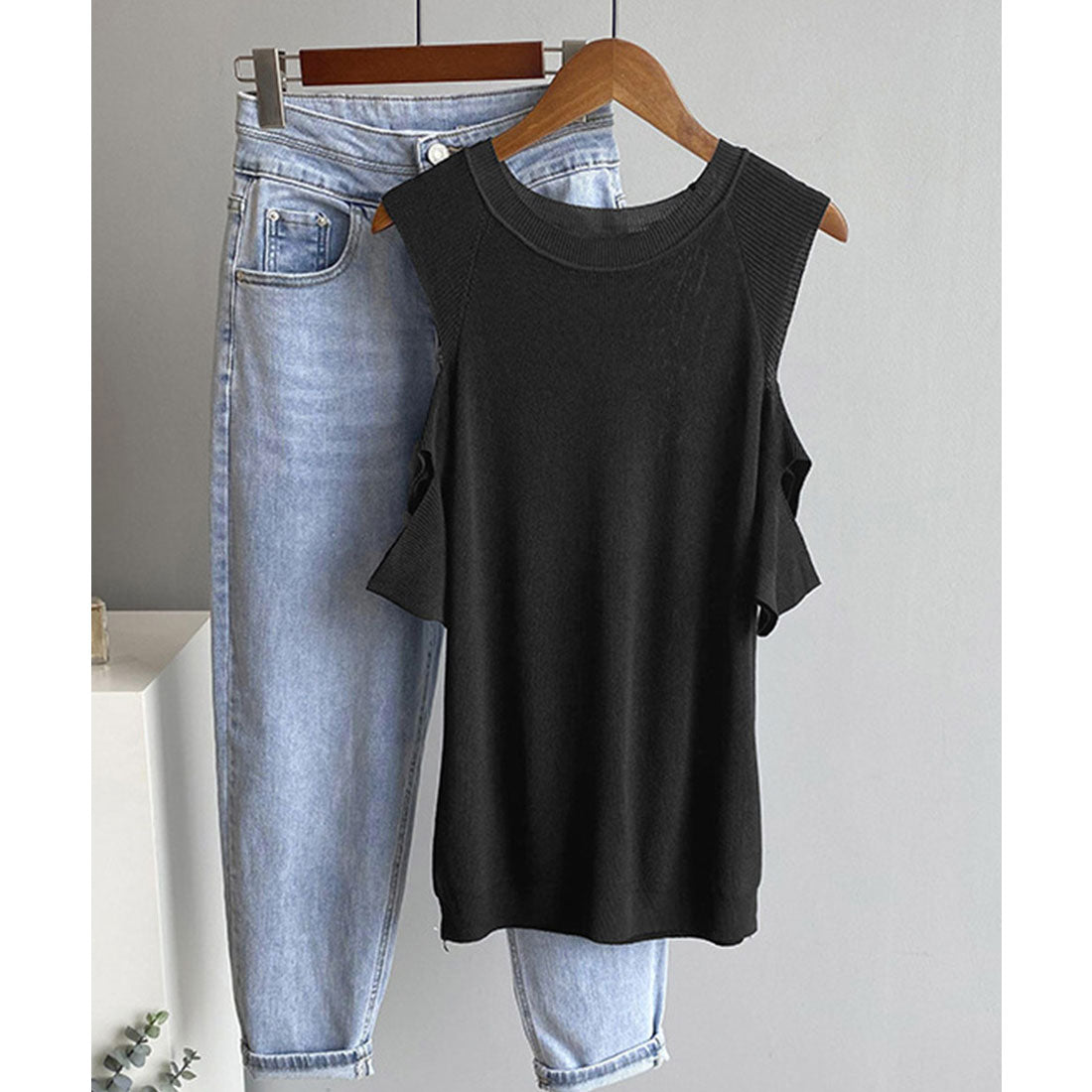 オープンショルダー サマーニット,ブラック