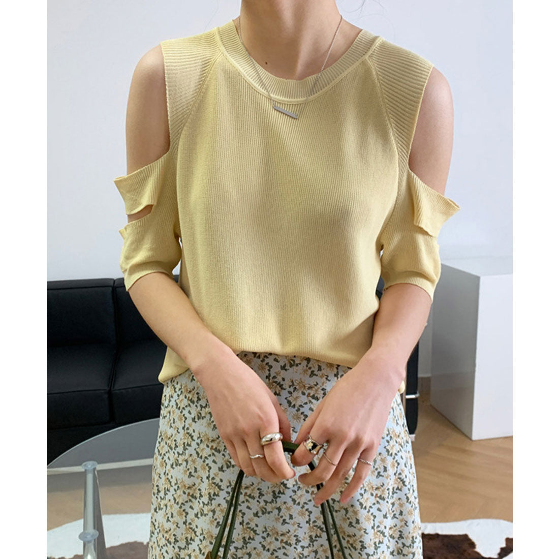 オープンショルダー サマーニット,薄イエロー