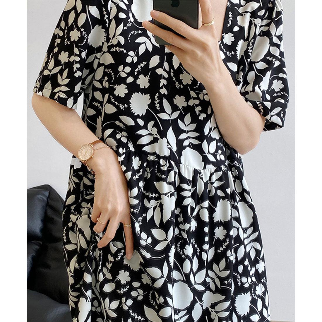 花柄ワンピース スクエアネック レトロ