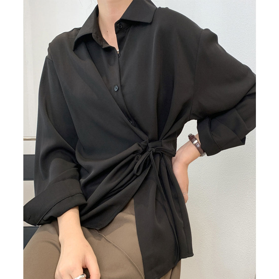 シャツブラウス レディース 不規則シャツ,ブラック