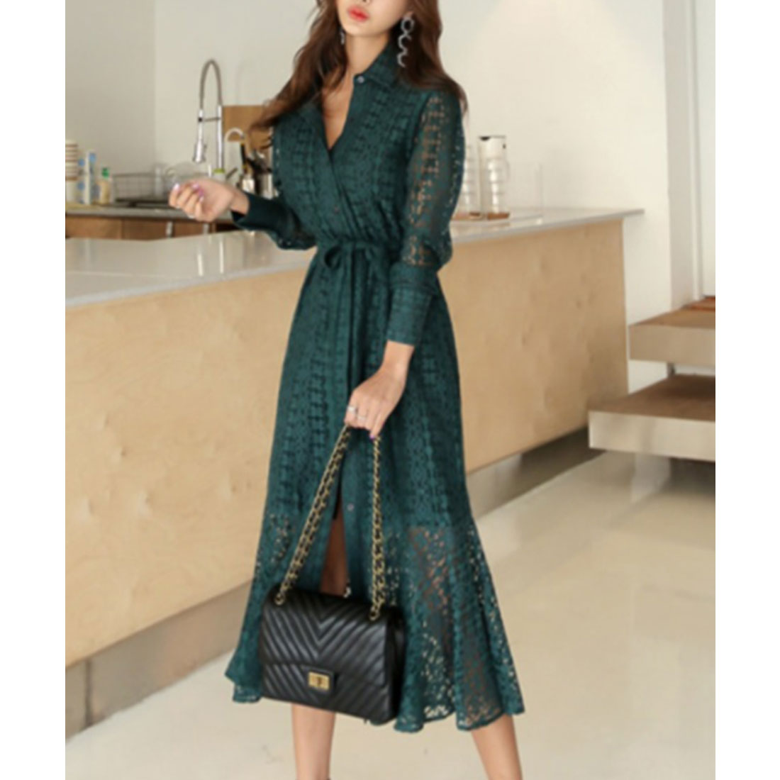 マーメイド総レースシャツワンピース 上品 ダークグリーン