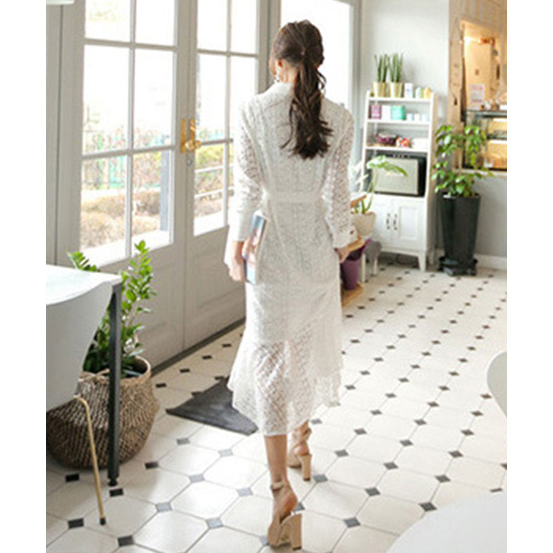 マーメイド総レースシャツワンピース 上品 ダークグリーン