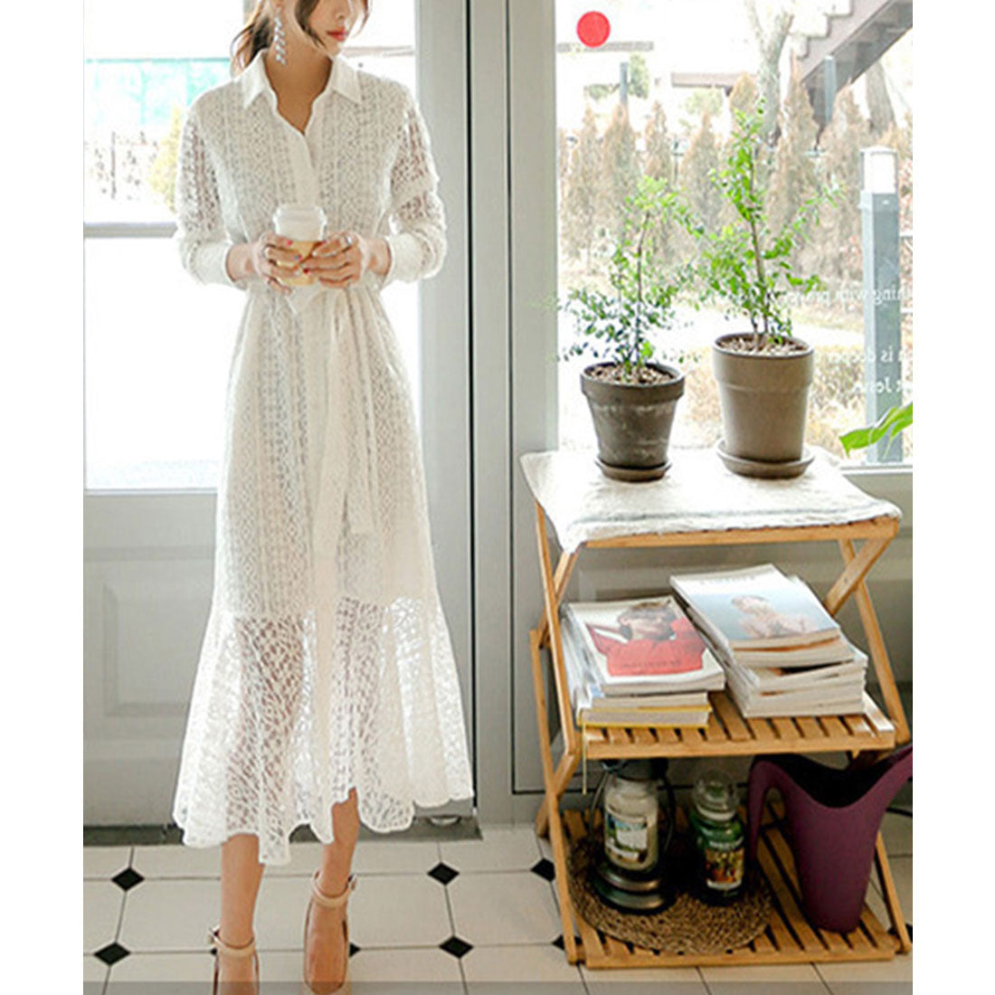 マーメイド総レースシャツワンピース 上品 ダークグリーン