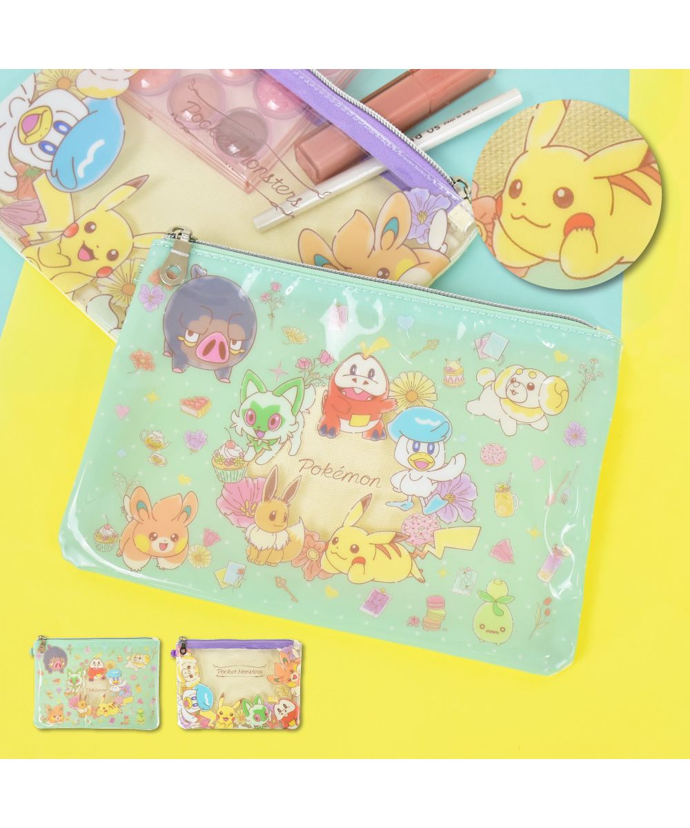 ランナー RUNNER ポケットモンスター ポケモン フラットポーチ 窓付き 大きめ 平ポーチ コンパクト 小物入れ 化粧ポーチ 文具 透明 クリア 帆布 ピカチュウ レディース メン (グリーン(PKM-827)) グリーン(PKM-827)