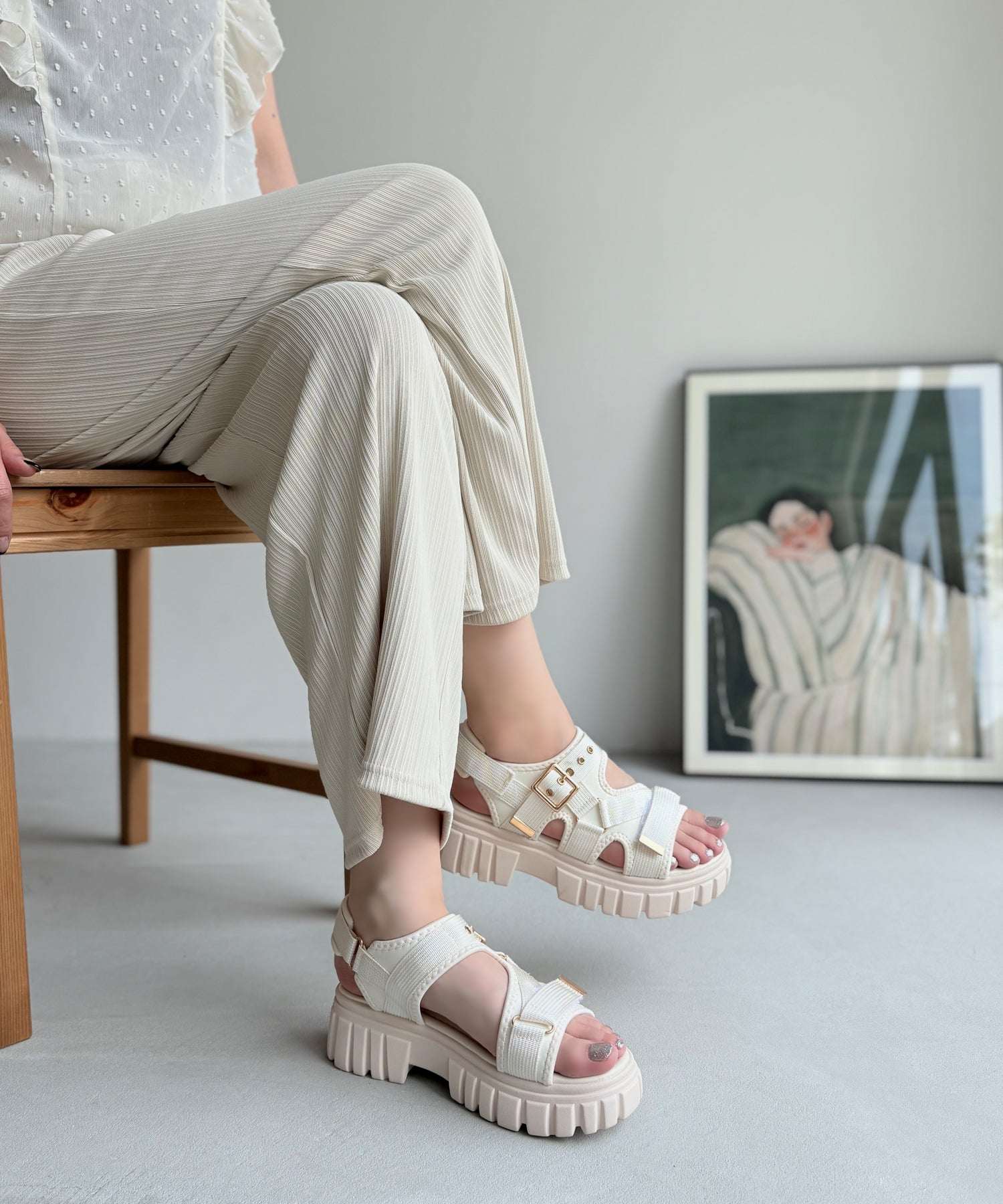 アドット adottona 【厚底】ベルクロスポーツサンダル (BEG) BEG