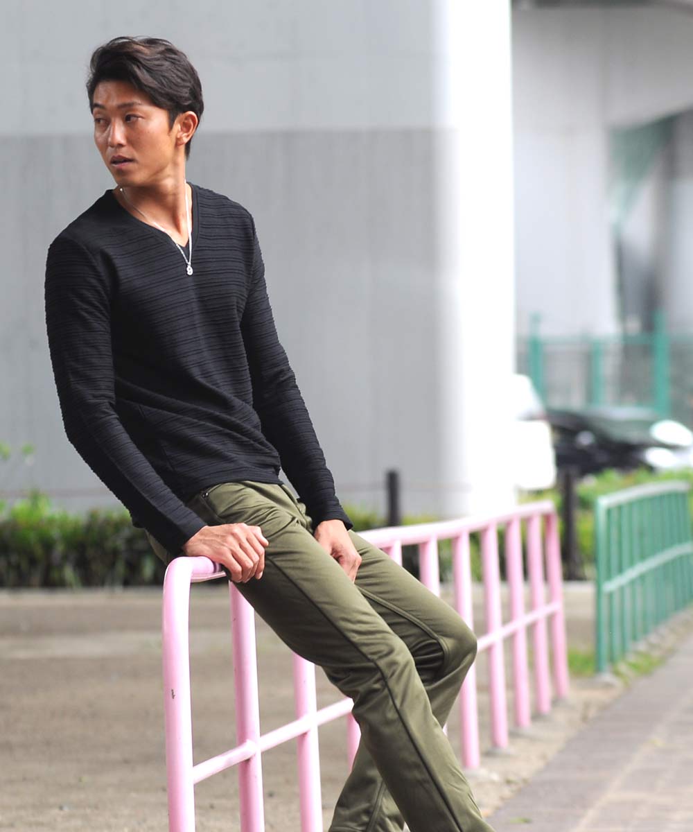 Spade SPADE T-shirt Border Long Sleeve Long T-shirt T-shirt Border Long Sleeve Long T-shirt Tuck Border 3D Embossed Men's V-neck White white black Wai