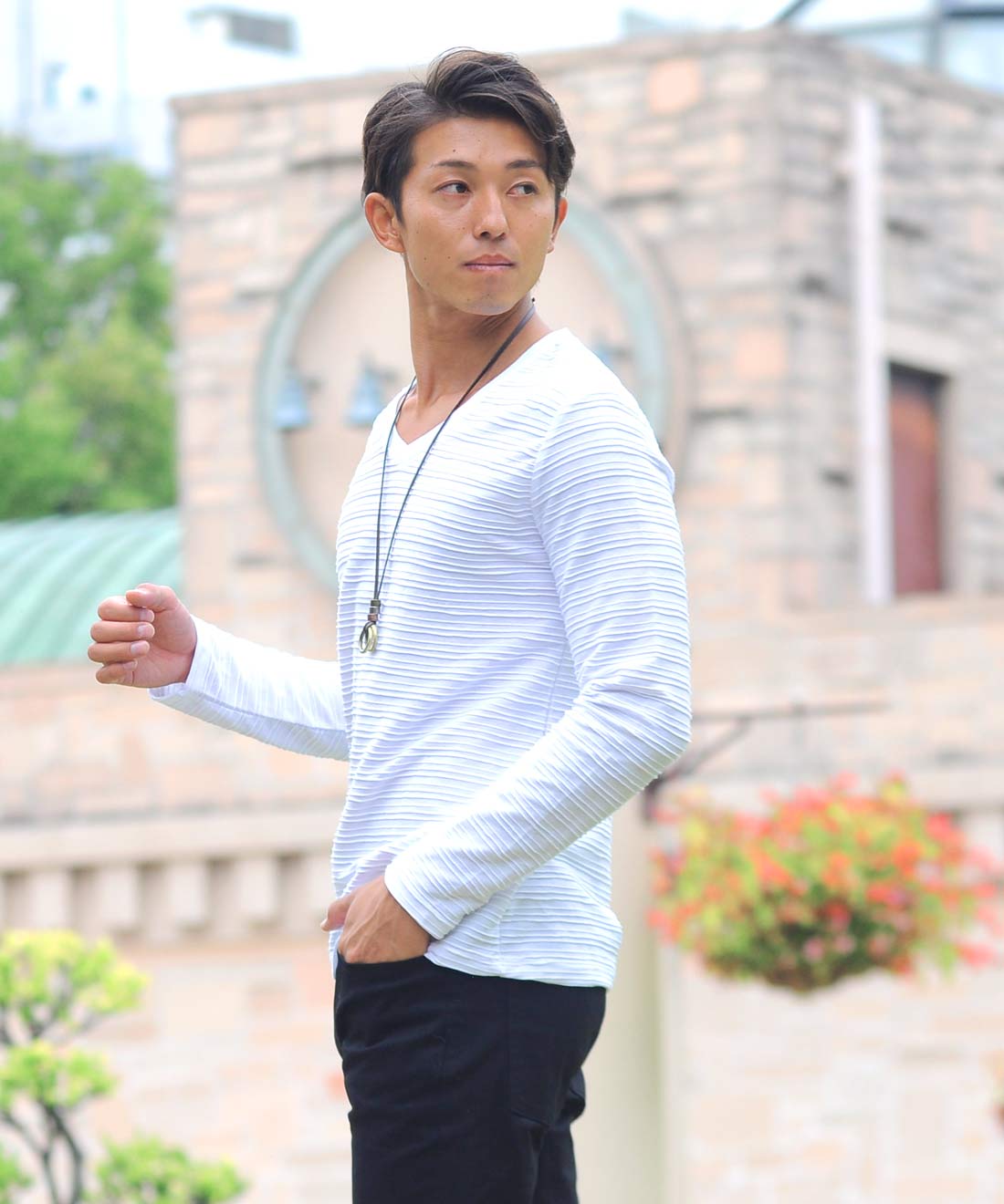 Spade SPADE T-shirt Border Long Sleeve Long T-shirt T-shirt Border Long Sleeve Long T-shirt Tuck Border 3D Embossed Men's V-neck White white black Wai