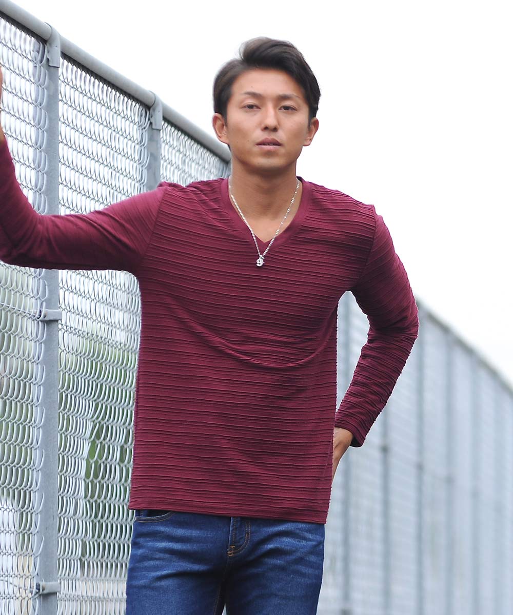 Spade SPADE T-shirt Border Long Sleeve Long T-shirt T-shirt Border Long Sleeve Long T-shirt Tuck Border 3D Embossed Men's V-neck White white black Wai