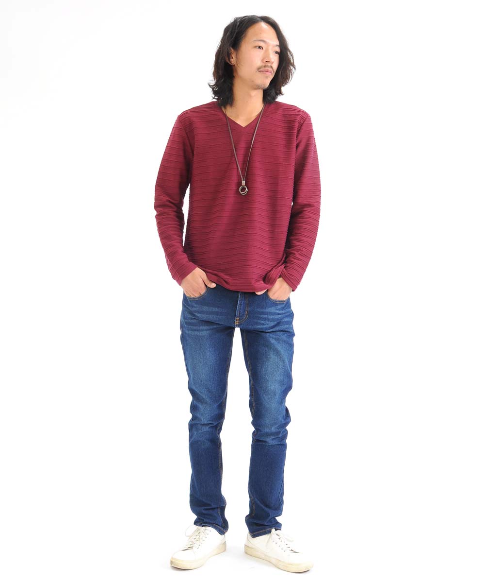 Spade SPADE T-shirt Border Long Sleeve Long T-shirt T-shirt Border Long Sleeve Long T-shirt Tuck Border 3D Embossed Men's V-neck White white black Wai