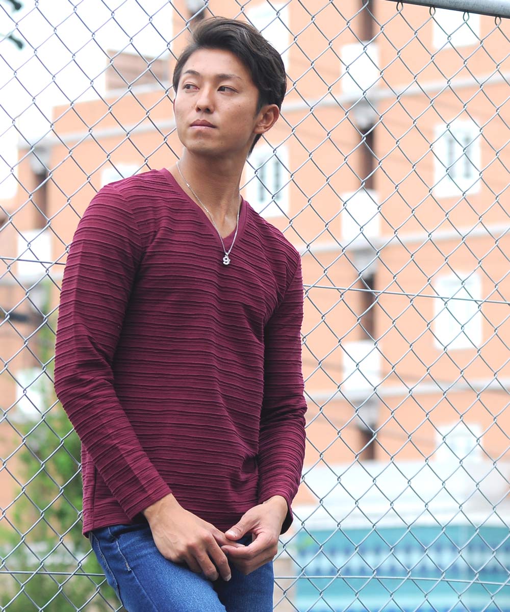 Spade SPADE T-shirt Border Long Sleeve Long T-shirt T-shirt Border Long Sleeve Long T-shirt Tuck Border 3D Embossed Men's V-neck White white black Wai